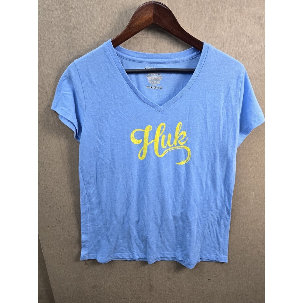 Huk Glub Shirt Womens XL Blue V Neck Fishing Graphic Tee Soft